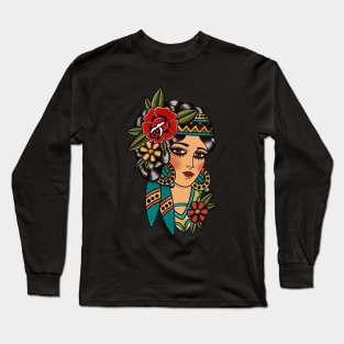 Gypsy Lady Head American Traditional Tattoo Design Long Sleeve T-Shirt